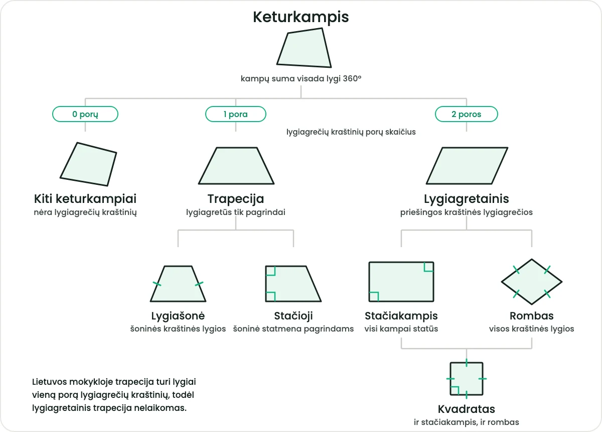 Keturkampių šeimos schema: pagal lygiagrečių kraštinių porų skaičių keturkampiai skirstomi į keturkampius be lygiagrečių kraštinių, trapecijas ir lygiagretainius; ypatingos trapecijos yra lygiašonė ir stačioji, ypatingi lygiagretainiai — stačiakampis ir rombas, o kvadratas yra ir stačiakampis, ir rombas
