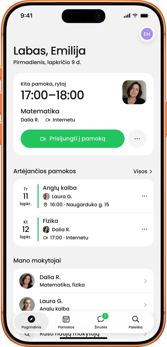 „Edtalk“ programėlė: pagrindinis ekranas su kita pamoka
